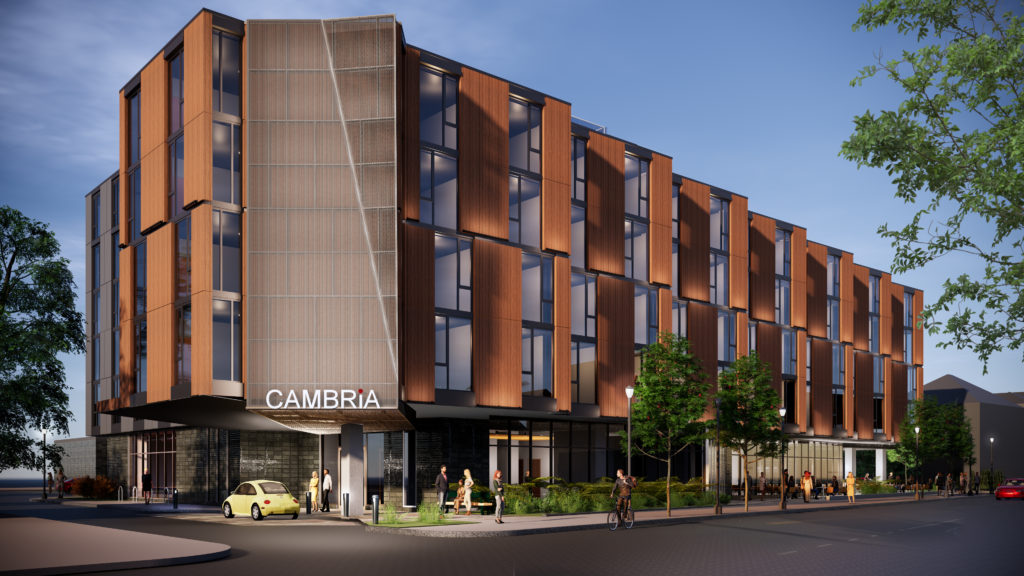 Rendering of entrance to new Cambria hotel in Somerville designed by CambridgeSeven