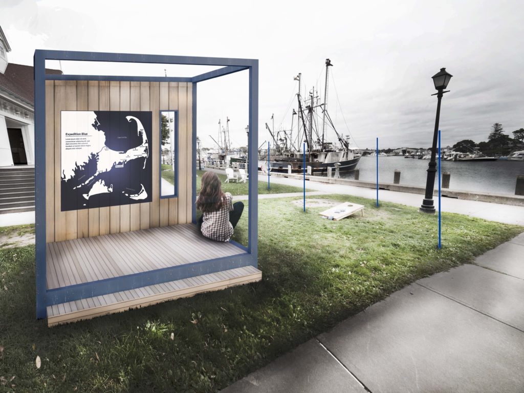 A design rendering of Expedition Blue, a new informative outdoor wayfinding and seating structure on Cape Cod. Designed by CambridgeSeven
