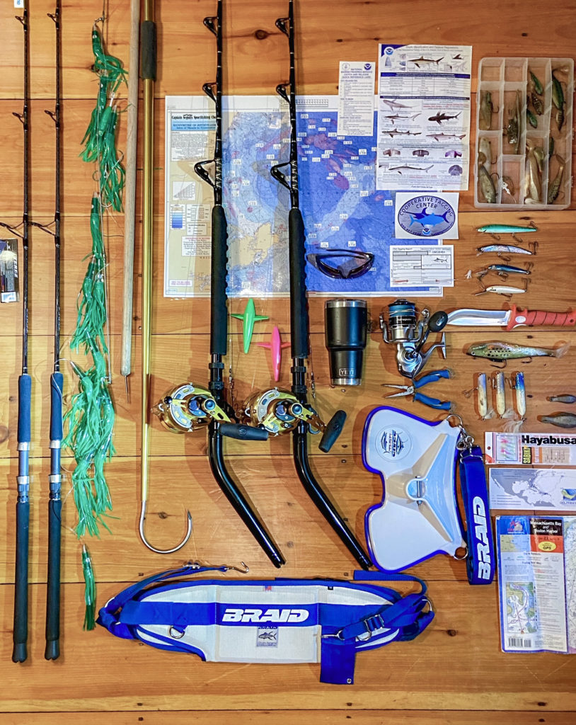 Fishing Gear organized on a wooden floor