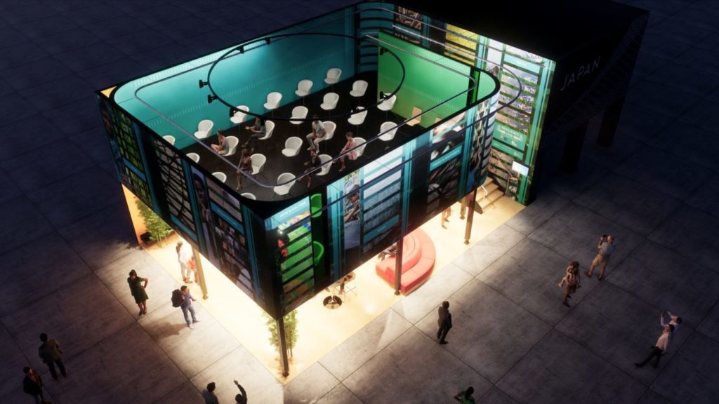 An aerial rendering showing the interior of the Resilience Hub with group seating and custom graphics.