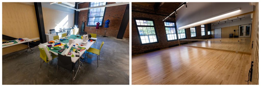 The fiber arts room (left) and the dance studio (right) at The Foundry.