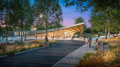 Rendering of the new Danehy Park Pavilion in Cambridge