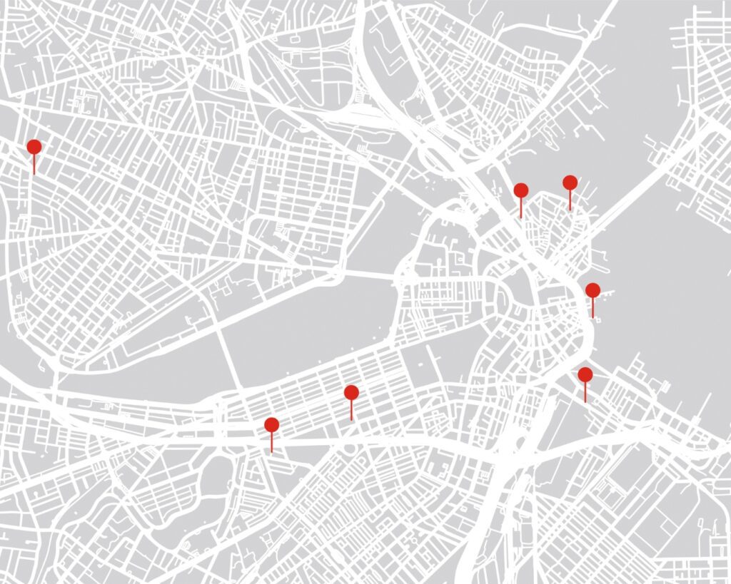 Map of Boston with pins for things to do this holiday season