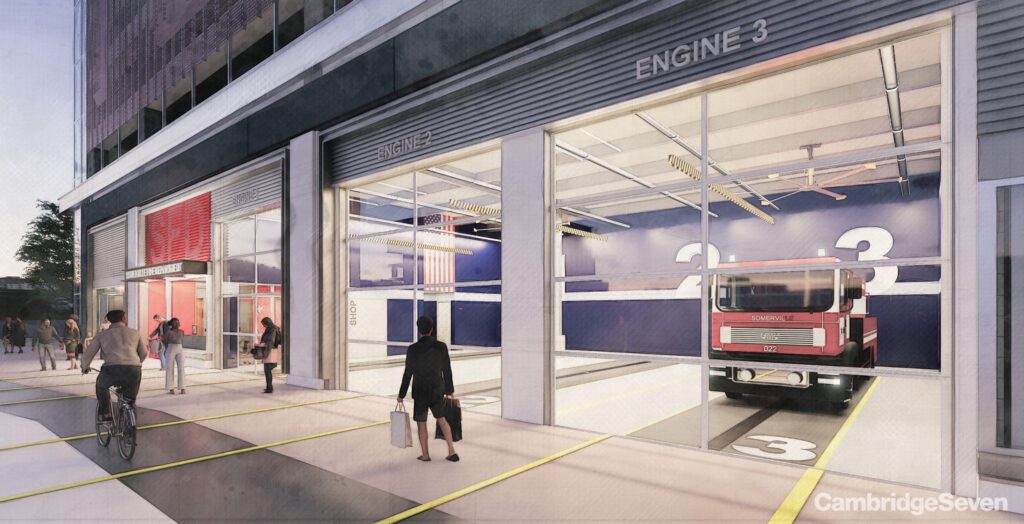 Rendering of a new fire station designed in collaboration with firefighters.