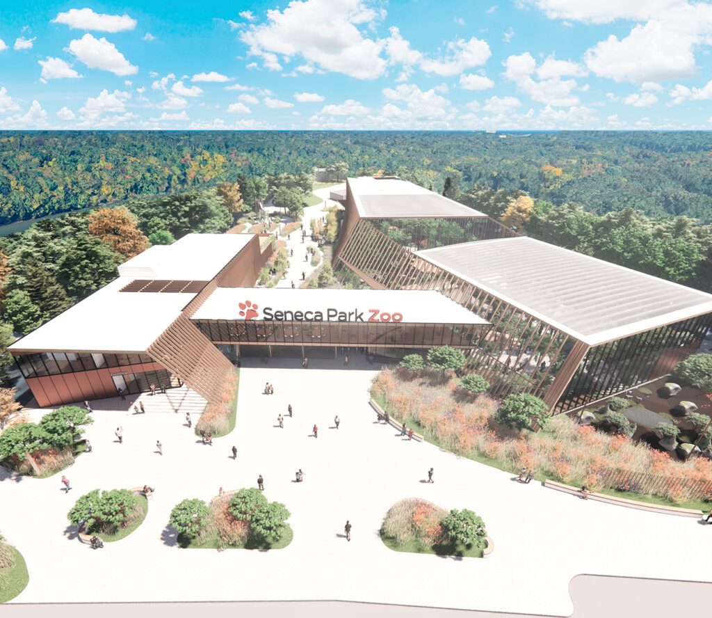 Rendering of an aerial view of the new entry and Tropics exhibit building as part of an expansion at the Seneca Park Zoo.