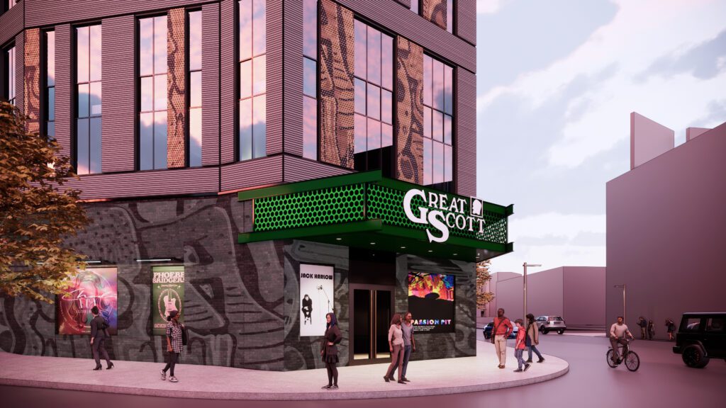 rendering of a close up of the entry way to Great Scott with the iconic green awning, designed by CambridgeSeven
