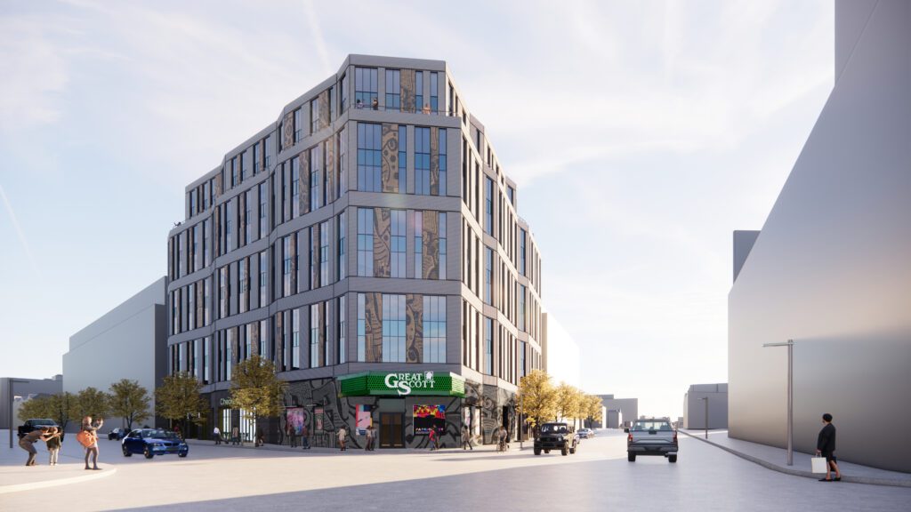 Rendering of modern new five-story building featuring Great Scott, O'Brien's Pub and retail space on the first floor with residential units above