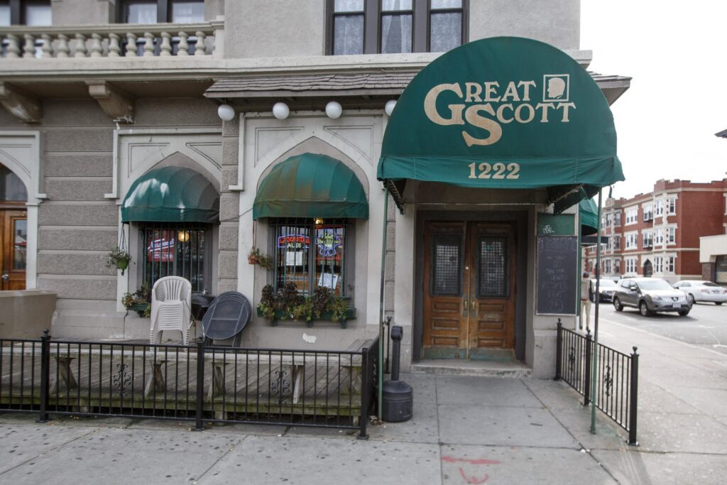 stone building, home of original Great Scott music venue on the corner of Harvard Ave. and Commonwealth Ave. in Allston